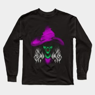 Evil Witch With Green Skin And Purple Hat For Halloween Long Sleeve T-Shirt